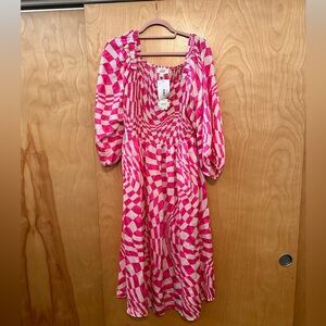 Pink and White Hypnotic Print Squareneck Midi dress